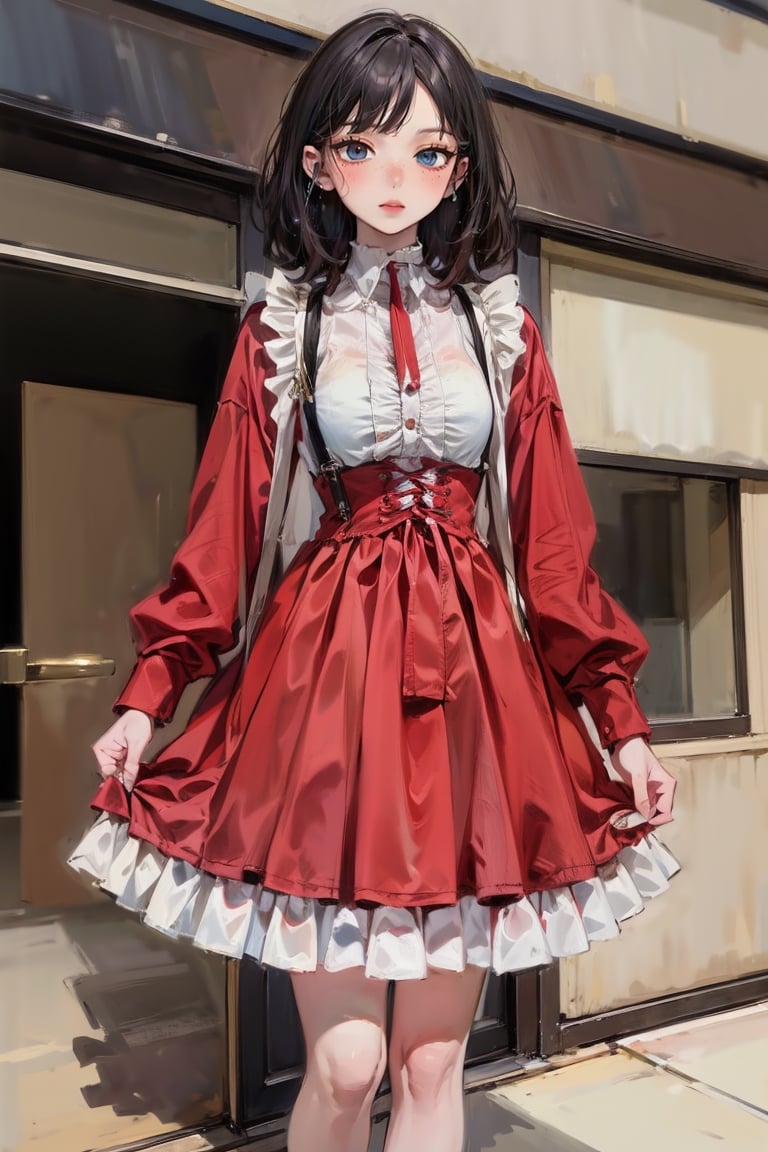 female, ((masterpiece, best quality, ultra detailed, absurdres):1.5), 1girl, bangs,beautiful,black hair,outside, long skirt,lolidress,vnaodai, upper_body