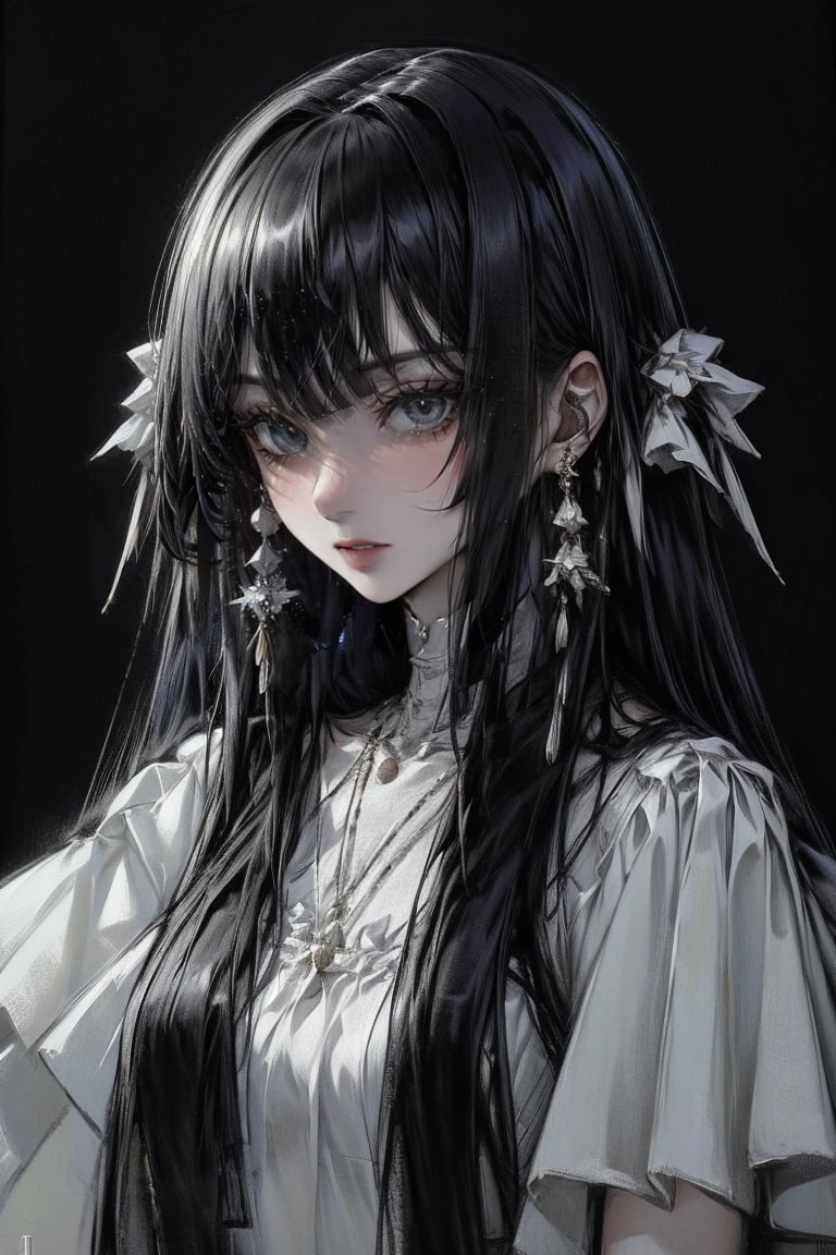 female, ((masterpiece, best quality, ultra detailed, absurdres):1.5), 1girl,solo,1girl,solo,long hair,looking at viewer,bangs,shirt,black hair,jewelry,closed mouth,white shirt,upper body,earrings,blunt bangs,white dress,black eyes,lips,black background,hime hair,sharp eyes