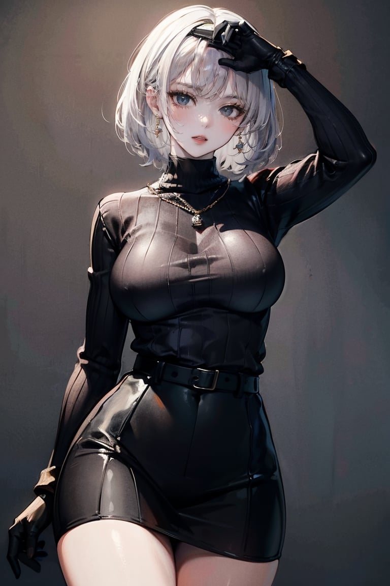 female, ((masterpiece, best quality, ultra detailed, absurdres),heterochromia  ,solo, 1girl,solo,breasts,looking at viewer, heterochromia, sweater, skirt, black gloves, 