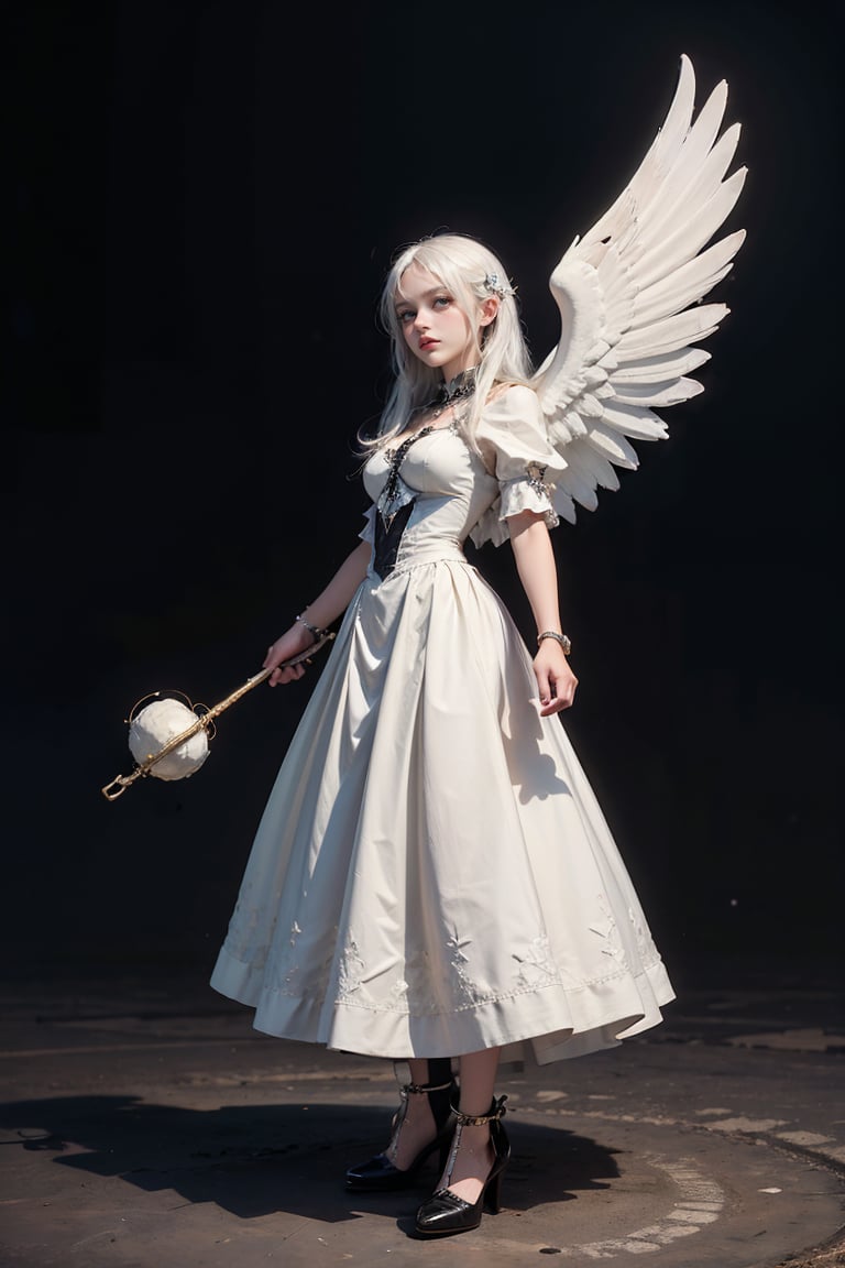 female, ((masterpiece, best quality, ultra detailed, absurdres), girl), (beauty girl), (ultra-high picture quality),white hair,hornsgirl, long skirt, standing, wide shot, full_body, from below, witch, angel_wings, cybernetic, city background, 