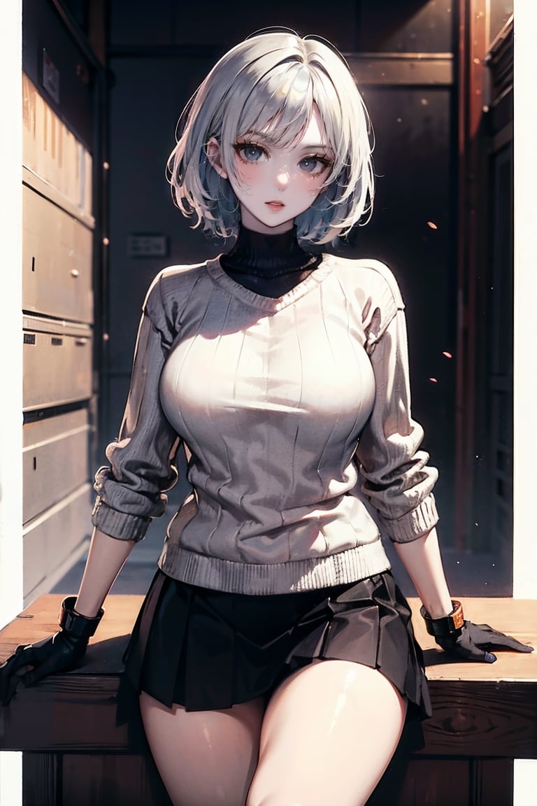 female, ((masterpiece, best quality, ultra detailed, absurdres),heterochromia  ,solo, 1girl,solo,breasts,looking at viewer, heterochromia, sweater, skirt, black gloves, 