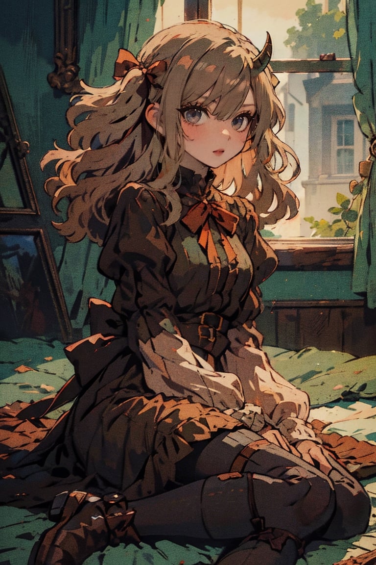 female, ((masterpiece, best quality, ultra detailed, absurdres),
liniefrieren, long sleeves, ribbon, hair between eyes, twintails, hair ribbon, horns, puffy sleeves, juliet sleeves, brown bow, brown ribbon, pantyhose, brown footwear, brown dress, wide sleeves,liniefrieren,retro,nodf_lora,green theme