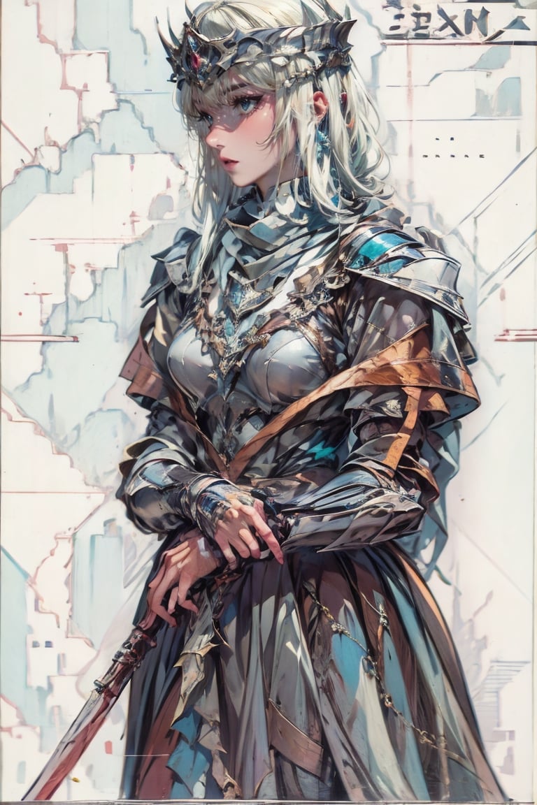 female, ((masterpiece, best quality, ultra detailed, absurdres),  solo, short hair, breasts, looking at viewer, hime cut, 25 years old,Short blonde hair, hime cut,Blue eyes, tiara,light armor, Long sword worn at the waist, ice, wlop art, donghua, scarf, hood, sitting on throne, full body shot, throne