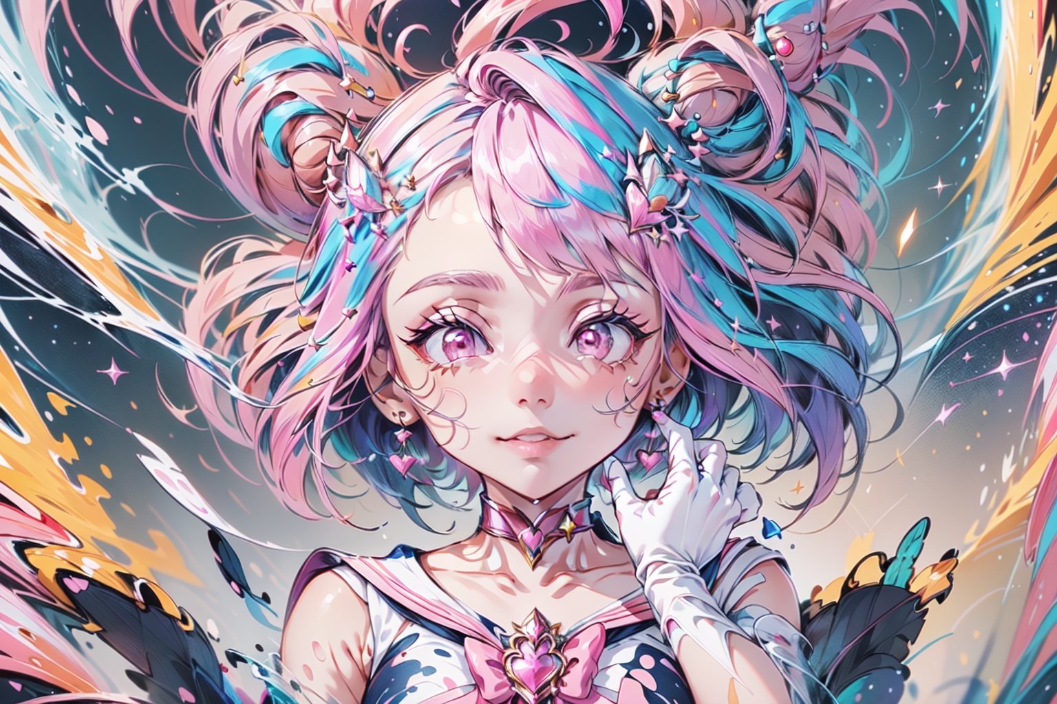  masterpiece, best quality, high resolution, unity 8k wallpaper, beautiful detailed eyes, extremely detailed face, perfect lighting, extremely detailed CG, perfect hands, perfect anatomy

sailor moon chibi, cone hair bun, double bun, hair bun, hair ornament, pink eyes, pink hair, short hair, twintails

bow, brooch, choker, earrings, elbow gloves, gloves, heart, heart brooch, magical girl, pink bow, pink choker, pink sailor collar, pink skirt, pleated skirt, sailor collar, sailor senshi uniform, skirt, stud earrings, white gloves

smiling, twinkle in the eyes, hero pose, straight legs to sides, beta, High detailed ,splash00d