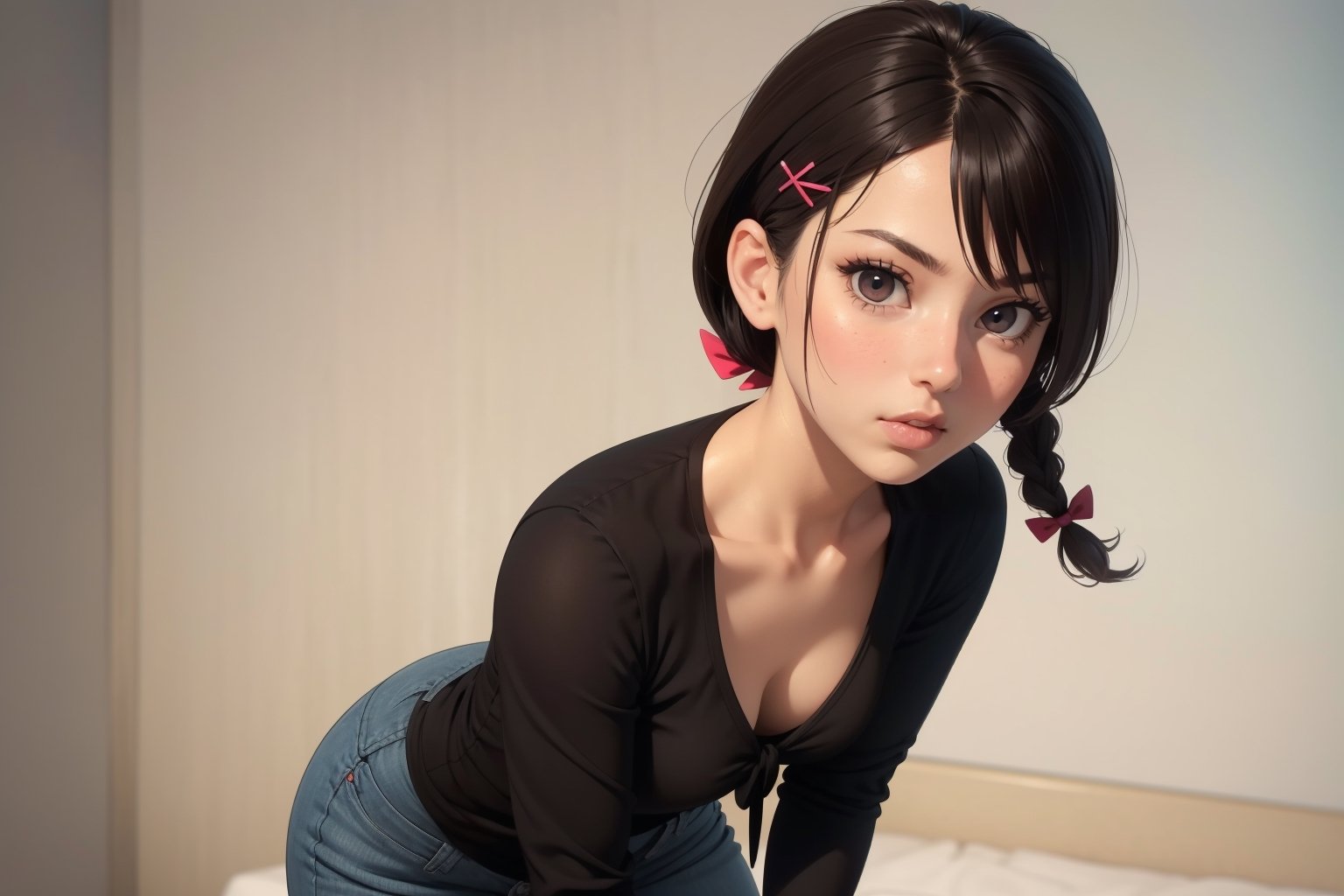 3dmm style, 1girl, 18 years old, masterpiece, best quality, highest quality, photorealistic, cowboy shot, perfect anatomy, perfect face, perfect eyes, powder from arcane, (Darkbrown hair), (cutting hair:0.75), (bob hairstyle:0.50), (big hair:0.75), (unusual hairstyle:0.50), bangs, (hairclip), (hair ornament), x hair ornament, (hairpins), short hair, (simple short tied braid hair), (Redeyes), (natural lips),3DMM, 

sexy, fullbody shot, extendeddownblouse_v10, lean forward, sasaki kanna, sasaki kanna, black hair