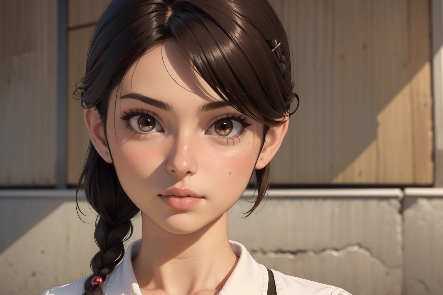 3dmm style, 1girl, 18 years old, masterpiece, best quality, highest quality, photorealistic, cowboy shot, perfect anatomy, perfect face, perfect eyes, powder from arcane, (Darkbrown hair), (cutting hair:0.75), (bob hairstyle:0.50), (big hair:0.75), (unusual hairstyle:0.50), bangs, (hairclip), (hair ornament), x hair ornament, (hairpins), short hair, (simple short tied braid hair), (Redeyes), (natural lips),3DMM, 

deepthroat, sexy, fullbody, extendeddownblouse_v10, lean forward, sasaki kanna