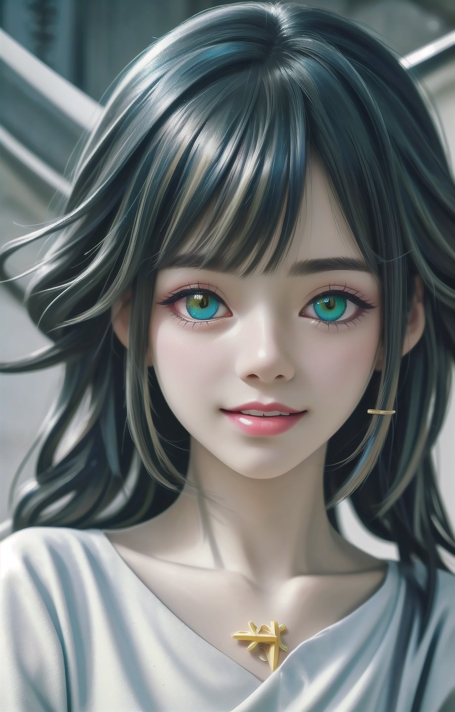 (8k, best quality, masterpiece:1.2),(best realistic quality:1.0), (ultra highres:1.0), RAW photo, a beautiful girl, (heterochromia iridium:1.35), close shot, innocent face, natural make up, beautiful big eyes, deep clear eyes, detailed eyelashes, mesmerizing iris colors, different iris colors, messy hair, shoulder, ,Holy light, sweet smile, smooth lighting, ,<lora:659111690174031528:1.0>