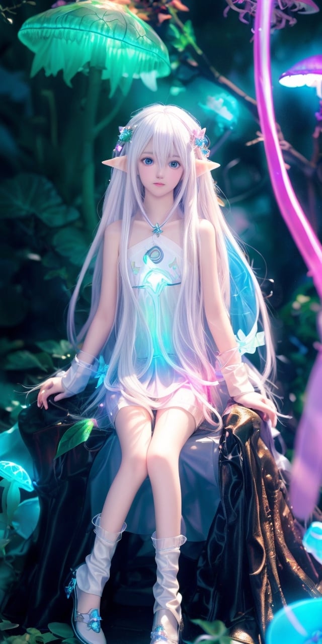 HDR, Ultra detailed illustration, Fantasy, a elf  with crown, a magical world full of unique luminous flora, pastel colors, full body shot, anime body, Final Fantasy theme, small breast, shoulder, arm,  digital art, art by Mschiffer, night, dark, (red  bioluminescence:1.2), (darkness background:1.2), 1girl, a young girl 12 years old, tiny, long legs, white skin, pale skin, (long hair, white hair:1.3), (big eyes:1.2), innocent face,  take shelter beside a large mushroom tree, bioluminescence meadow, high contrass, low brightness, 