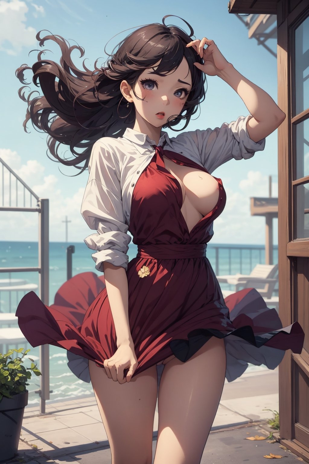1girl, clothes tug, cocktail dress, cocktail glass, wind,, masterpiece, best quality, highly detailed, CLOTHES TUG, nsfw, 