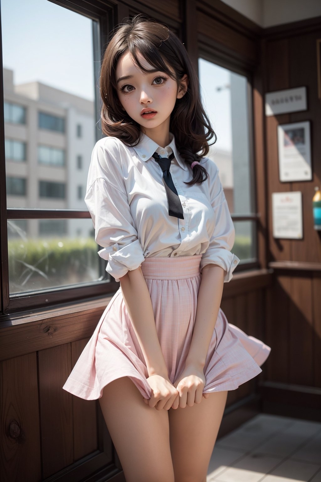 1 girl, school uniform, high school girl,marilyntug, dress tug、embarrassing、nsfw,clothes tug, cocktail dress, cocktail glass, wind,, masterpiece, best quality, highly detailed, CLOTHES TUG, nsfw, 