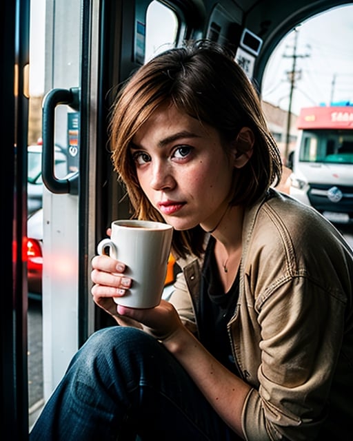 Photorealistic picture of a beautiful short ginger hairstyle homeless girl, sitting inside her opening door van home with a cup of take away coffe cup, hungry, try to stay positive in her uncertain future, sad eye, bokeh, shallow depth of field, late afternoon natural lighting fuses with neon city light