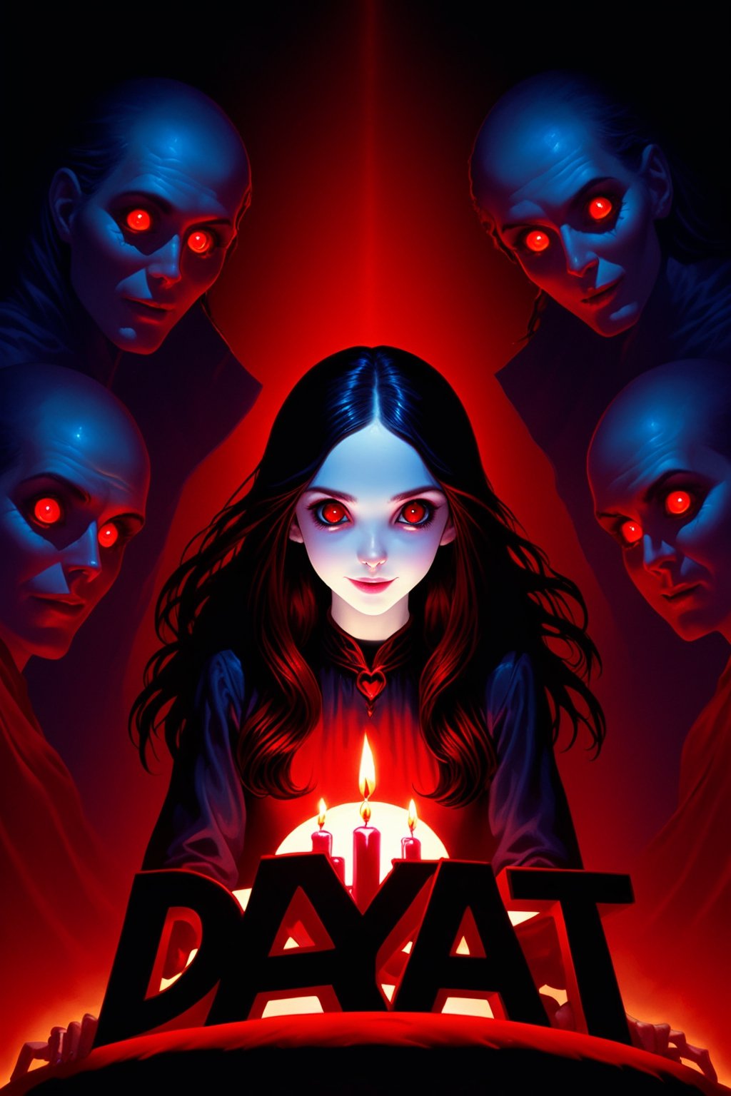 Masterpiece, best quality, ultra detailed, detailed face, detailed eyes, dark fantasy art, ((horror and dramatic)), 14 years old girl, upper body, beautiful girl, cute, (pale skin), long black hair, in ear hair, smile, red birthday cake at table, holding a big black sign with (("DAYAT")), text logo, black, red, glowing, glow:1.3, with her hands, (red glowing eyes), sitting at night castle, focus on viewer, front view, Movie Still, upper body, monster, HellAi, Text logo