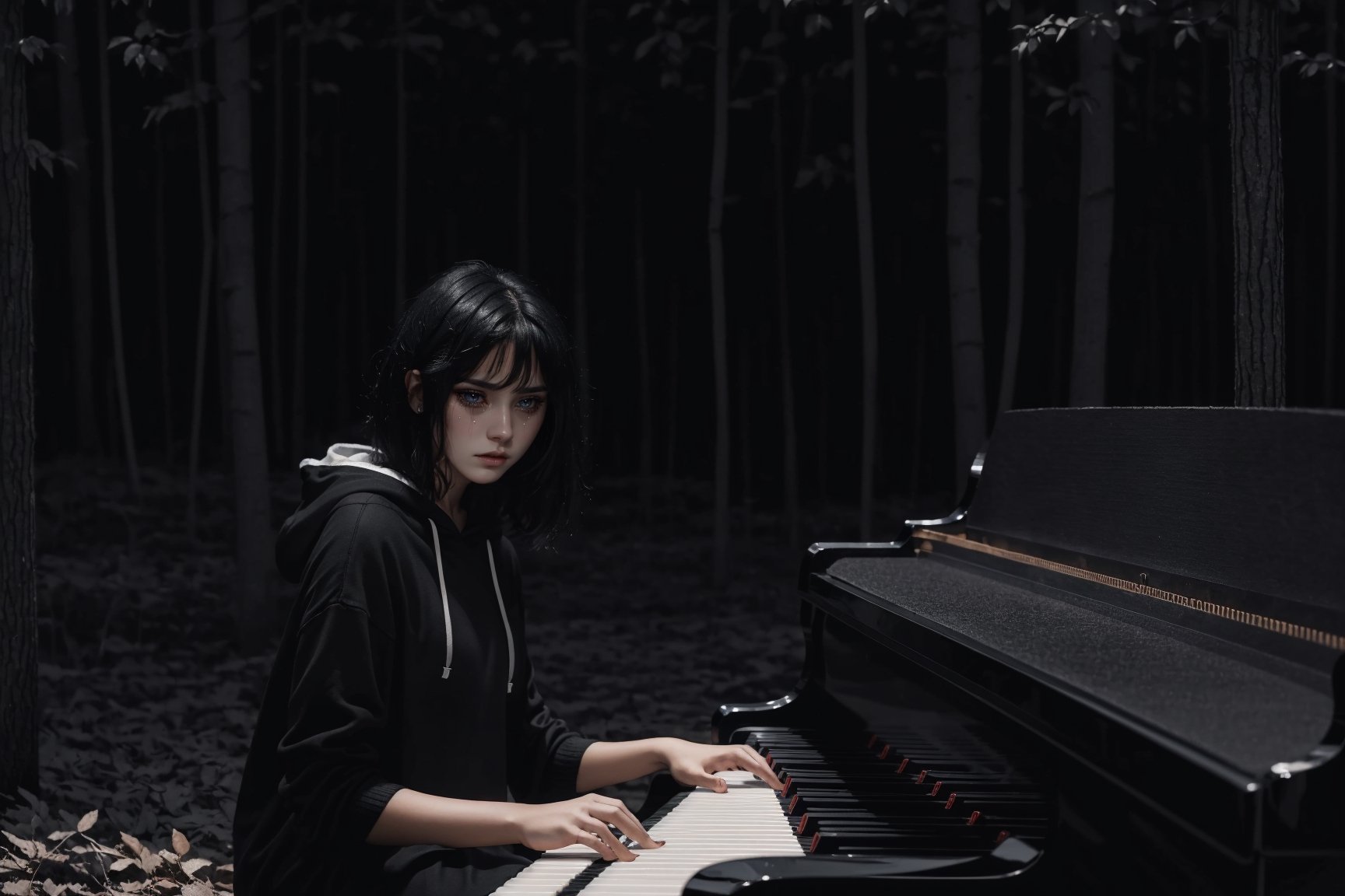 A raw photo of girl, masterpiece, ultra high res, ultra high quality, detailed face, detailed eyes, soft light, 1girl, (black and white photo), ((a girl playing piano at forest)). Dark fog). (Full body), (black hair:1.3), (short hair. In ear hair), (Beautiful face. Crying. Tears. Sadness), (hoodie), (focus on viewer. Front view. From below), dark shoot, muted color, low key, dark tone, ultra high quality, ultra high resolution, detailed background, 8k,More Detail
