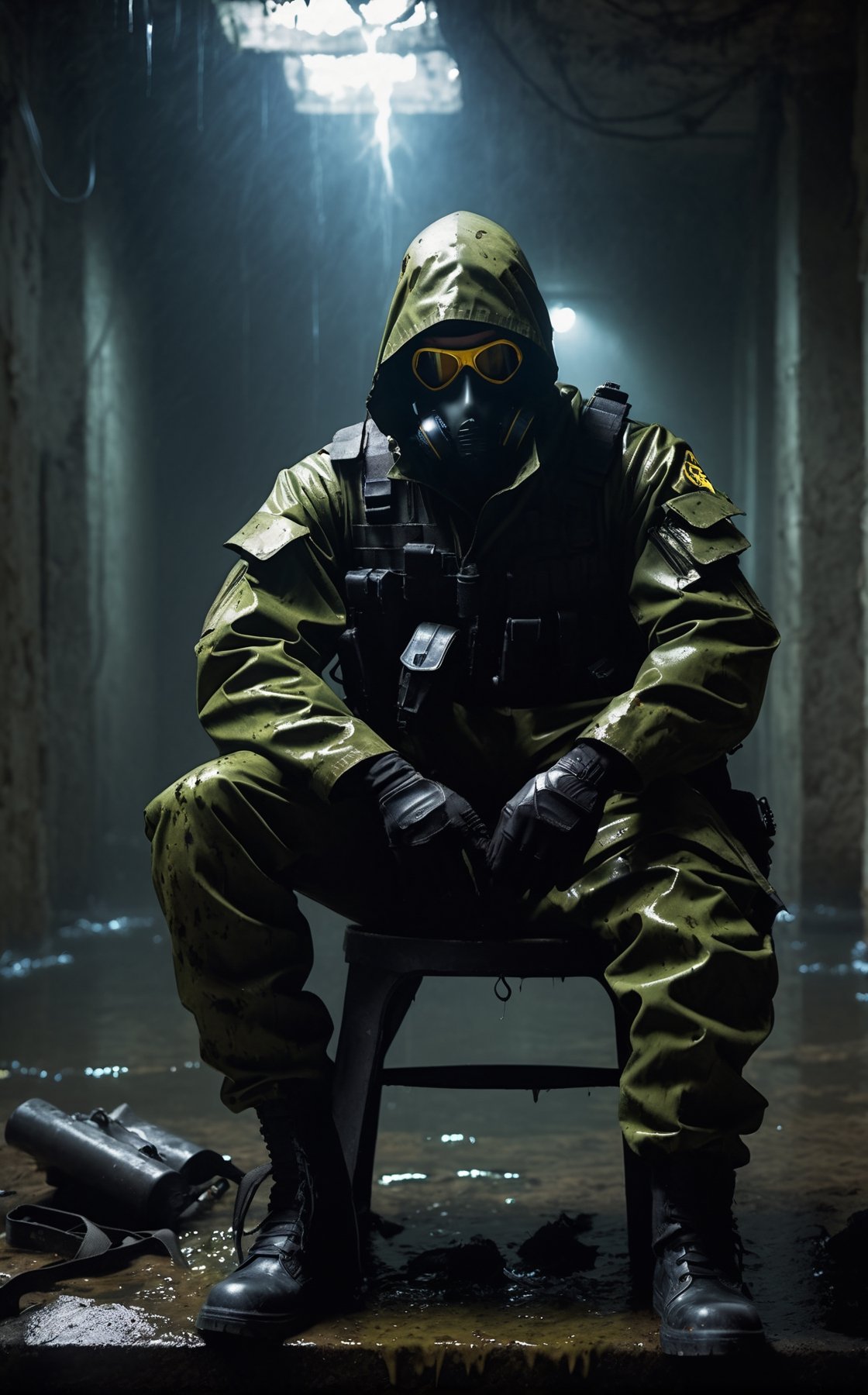 A guy sitting at chair in ruins military, inside, biohazard ☣️, PPE clothes, full body, bloody outfit, electric shock, bloods around, spooky military, spooky around, water drop, masterpiece, ultra high quality, ultra high resolution, ultra realistic, ultra reflection, ultra lightening, detailed background, dramatic lightening, dark tone, low key, 16k