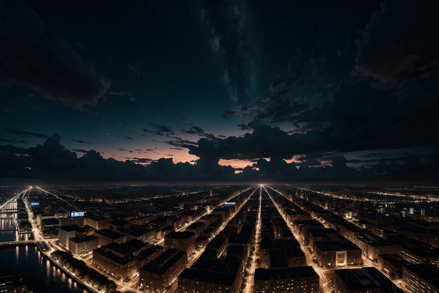 Masterpiece, ultra high res, ultra high quality, from below, sky background, city landscape, beautiful cloud, night, ultra detailed, dramatic lighting, ultra realistic, ultra detailed, aesthetic, 8k