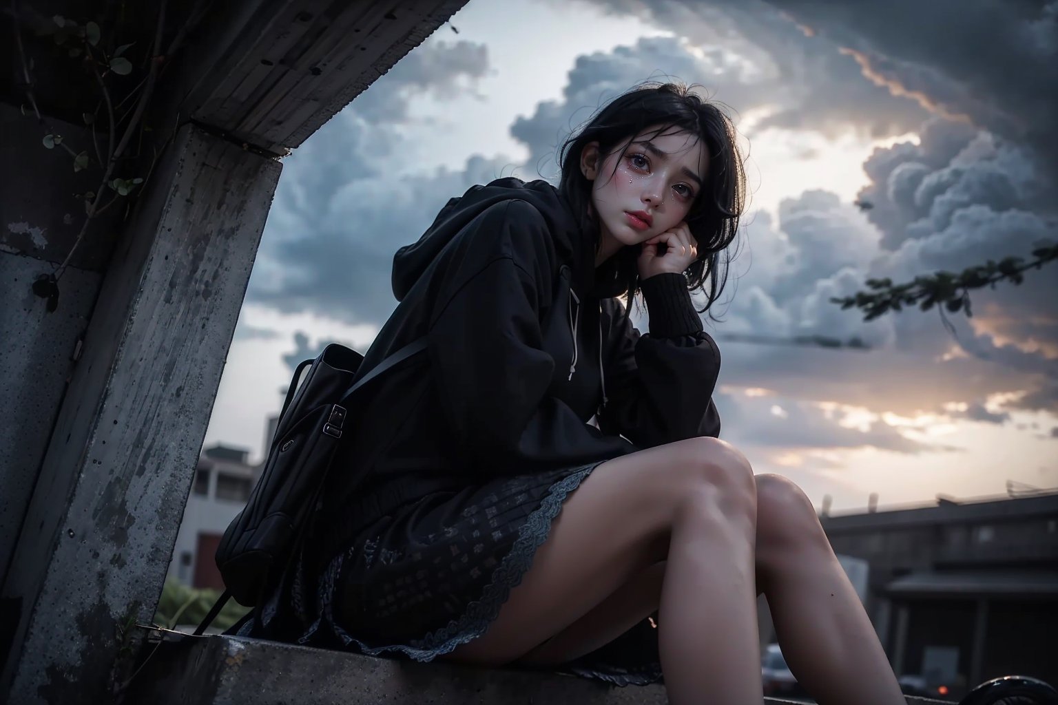 A raw photo of girl, masterpiece, ultra high res, ultra high quality, detailed face, detailed eyes, soft light, 1girl, (a girl sitting alone beside street. Dark clouds. Storm). (close up), (face focus), (up close), (black hair:1.3), (short hair. In ear hair), (Beautiful face. Crying. Tears. Sadness), (hoodie), (focus on viewer. Front view. From below), dark shoot, muted color, low key, dark tone, ultra high quality, ultra high resolution, detailed background, 8k,perfect