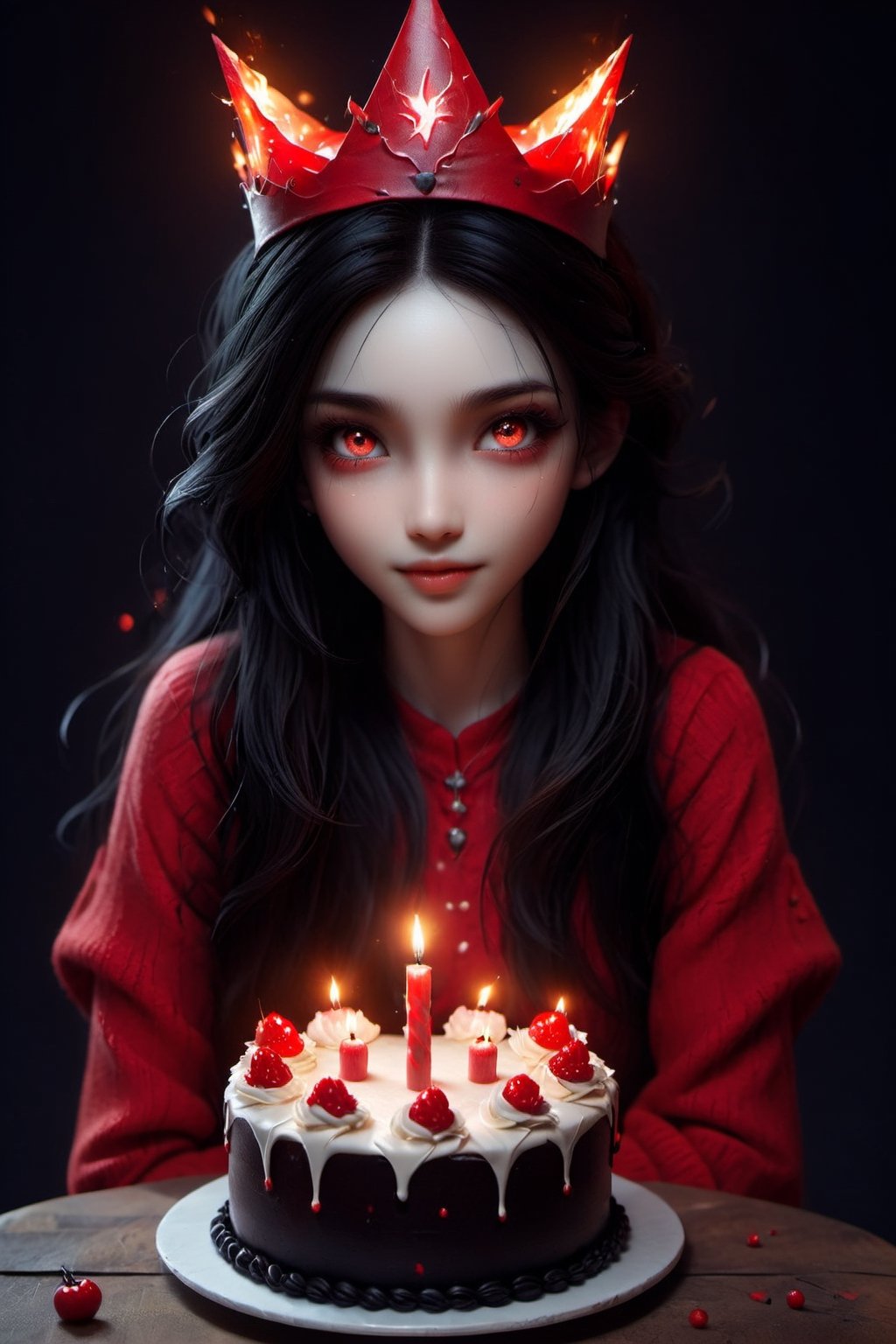 Masterpiece, best quality, ultra high res, ultra detailed, detailed face, detailed eyes, dark fantasy art, horror and dramatic, 14 years old girl, upper body, beautiful girl, cute, pale skin, long black hair, in ear hair, smile, (red big birthday cake at table), ((holding a big black sign with (("DAYAT")), text logo, black, red, glowing, glow:1.3, with her hands, red glowing eyes, sitting at night castle, focus on viewer, front view, Movie Still, upper body, monster, text logo 