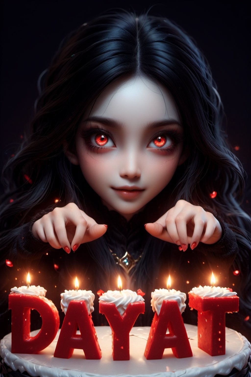 Masterpiece, best quality, ultra high res, ultra detailed, detailed face, detailed eyes, dark fantasy art, ((horror and dramatic)), 14 years old girl, upper body, beautiful girl, cute, (pale skin), long black hair, in ear hair, smile, red birthday cake at table, (holding a big black sign with (("DAYAT")), text logo, black, red, glowing, glow:1.3, with her hands, (red glowing eyes), sitting at night castle, focus on viewer, front view, Movie Still, upper body, monster,Text logo