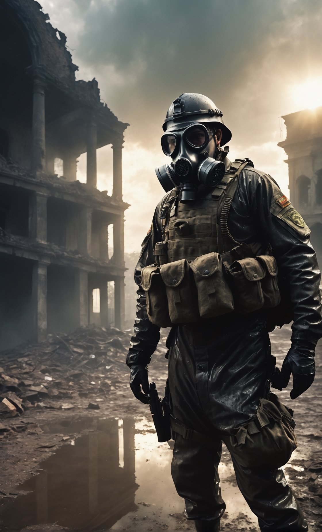 A guy standing at battlefield arena, outdoor, ruins city, upper body, military uniform, gasmask, holding a baby, dirty outfit, wet clothes, dark smoke, Sunday, cloud, sun reflection, wet ground, after rain, particles front view, focus on viewer, photo real, ultra detailed, masterpiece, ultra high quality, ultra high resolution, ultra realistic, ultra reflection, ultra lighting, detailed background, dramatic lighting, low key, dark tone, 4K
