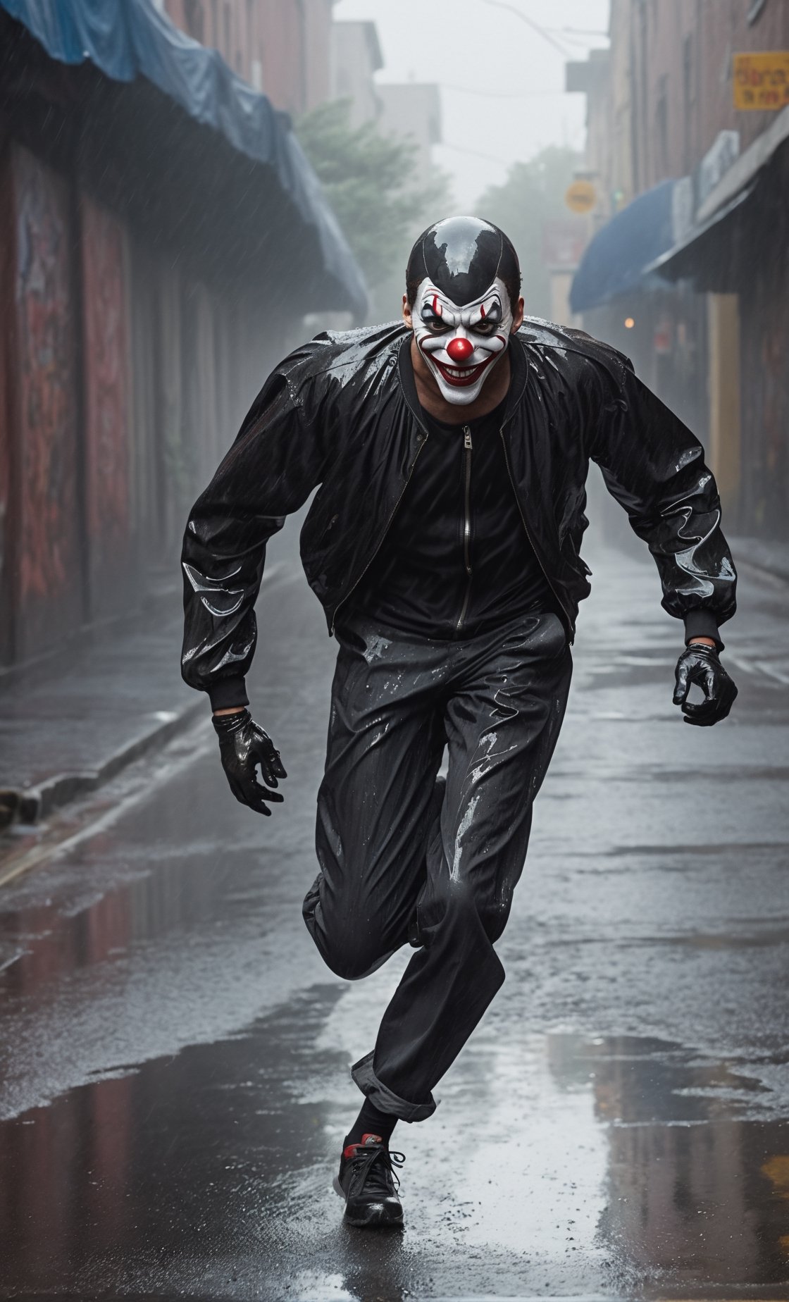 A guy running at alley got chase by crazy clown, black jacket, black spiderman, crazy clown behind. Running too, full body, trash, wet reflection, rainy day, detailed background, detailed around, front view, focus on viewer, photo real, ultra detailed, masterpiece, ultra high quality, ultra high resolution, ultra realistic, ultra reflection, ultra lighting, detailed background, dramatic lighting, 8K,HellAI