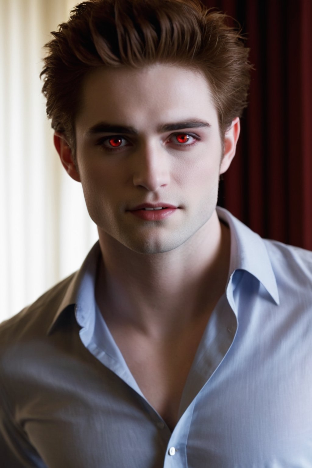 Masterpiece, high quality, ultra high res, detailed face, detailed eyes, (Edward Cullen), a Vampire male, 24 year old, (upper body:1.3), (red eyes:1.3), (very pale skin), handsome, comma hair, stylish guy, very handsome, vampire costume, smile, looking at viewer, standing at living room indoor, focus on viewer, front view, from below,photo r3al