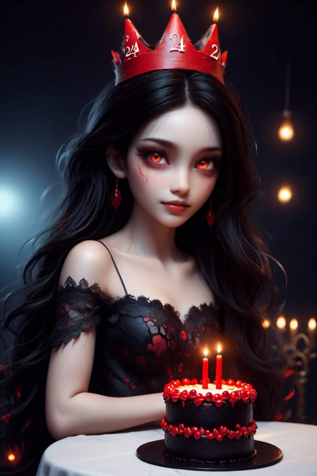 Masterpiece, best quality, ultra high res, ultra detailed, detailed face, detailed eyes, dark fantasy art, ((horror and dramatic)), 14 years old girl, upper body, beautiful girl, cute, (pale skin), long black hair, in ear hair, smile, (red big birthday cake at table), (black sign with (("24")), text logo, black, red, glowing, glow:1.3, (red glowing eyes), sitting at night castle, focus on viewer, front view, Movie Still, upper body, monster,Text logo