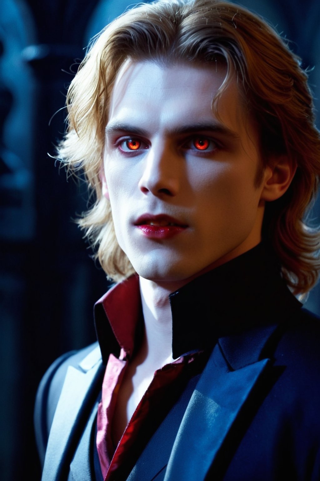 Masterpiece, high quality, ultra high res, detailed face, detailed eyes, (Lestat de Lioncourt), a Vampire male, 24 year old, upper body, face focus, (silver eyes:1.3), pale skin, handsome, comma hair, stylish guy, very handsome, black outfit, small cute fangs, open mouth, bloods at mouth, blood melts, bloods at neck, standing at dark castle indoor, focus on viewer, front view,