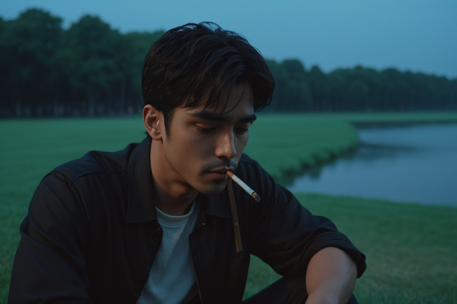(masterpiece), best quality, high resolution, highly detailed, detailed background, perfect lighting, dark color, muted color, sad vibes, 1male, a guy sitting at grass at quiet place around water city as landscape, holding an cigarette, smoking, night, black outfit, upper body, up close, from side, film grain, More Detail, low key, dark tone, dark shot