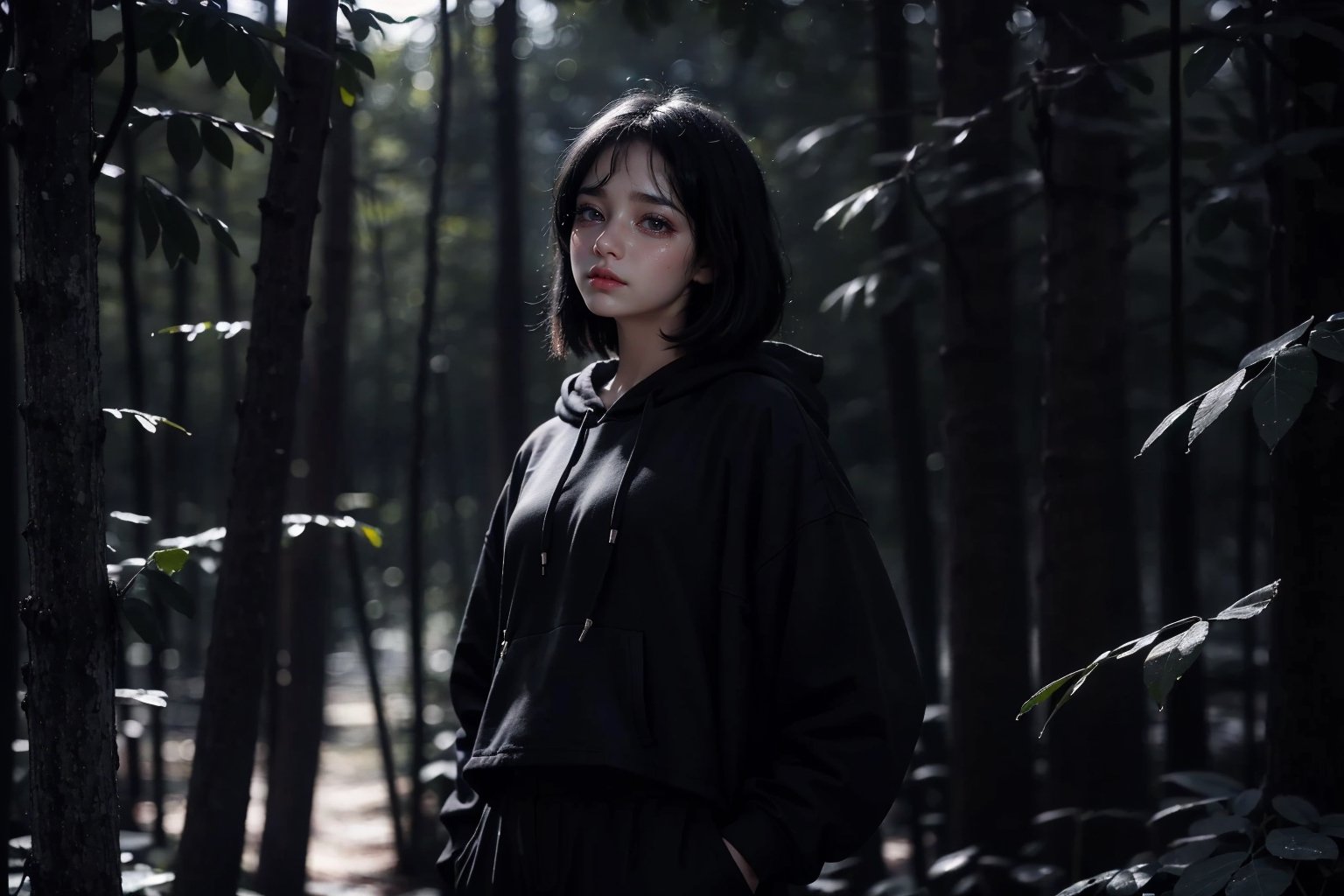 A raw photo of girl, masterpiece, ultra high res, ultra high quality, detailed face, detailed eyes, soft light, 1girl, (black and white photo), (a girl standing at forest alone. Dark fog. Dark background). (Upper body), (black hair:1.3), (short hair. In ear hair), (Beautiful face. Cute. Crying. Tears. Sadness), (hoodie. Pants), (focus on viewer. Front view. From below), dark shoot, muted color, low key, dark tone, ultra high quality, ultra high resolution, detailed background, 8k,More Detail