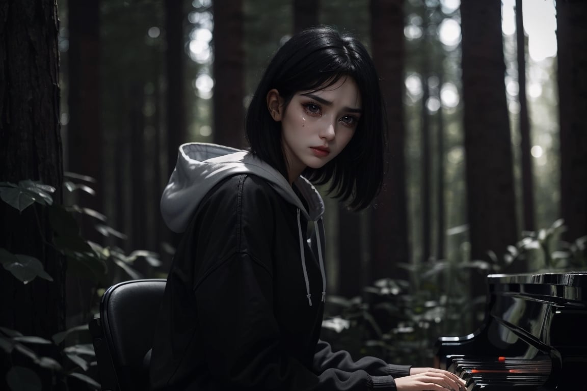 A raw photo of girl, masterpiece, ultra high res, ultra high quality, detailed face, detailed eyes, soft light, 1girl, (black and white photo), ((a girl sitting at chair playing piano at forest)). Dark fog). (Full body), (black hair:1.3), (short hair. In ear hair), (Beautiful face. Crying. Tears. Sadness), (hoodie), (focus on viewer. Front view. From below), dark shoot, muted color, low key, dark tone, ultra high quality, ultra high resolution, detailed background, 8k,More Detail