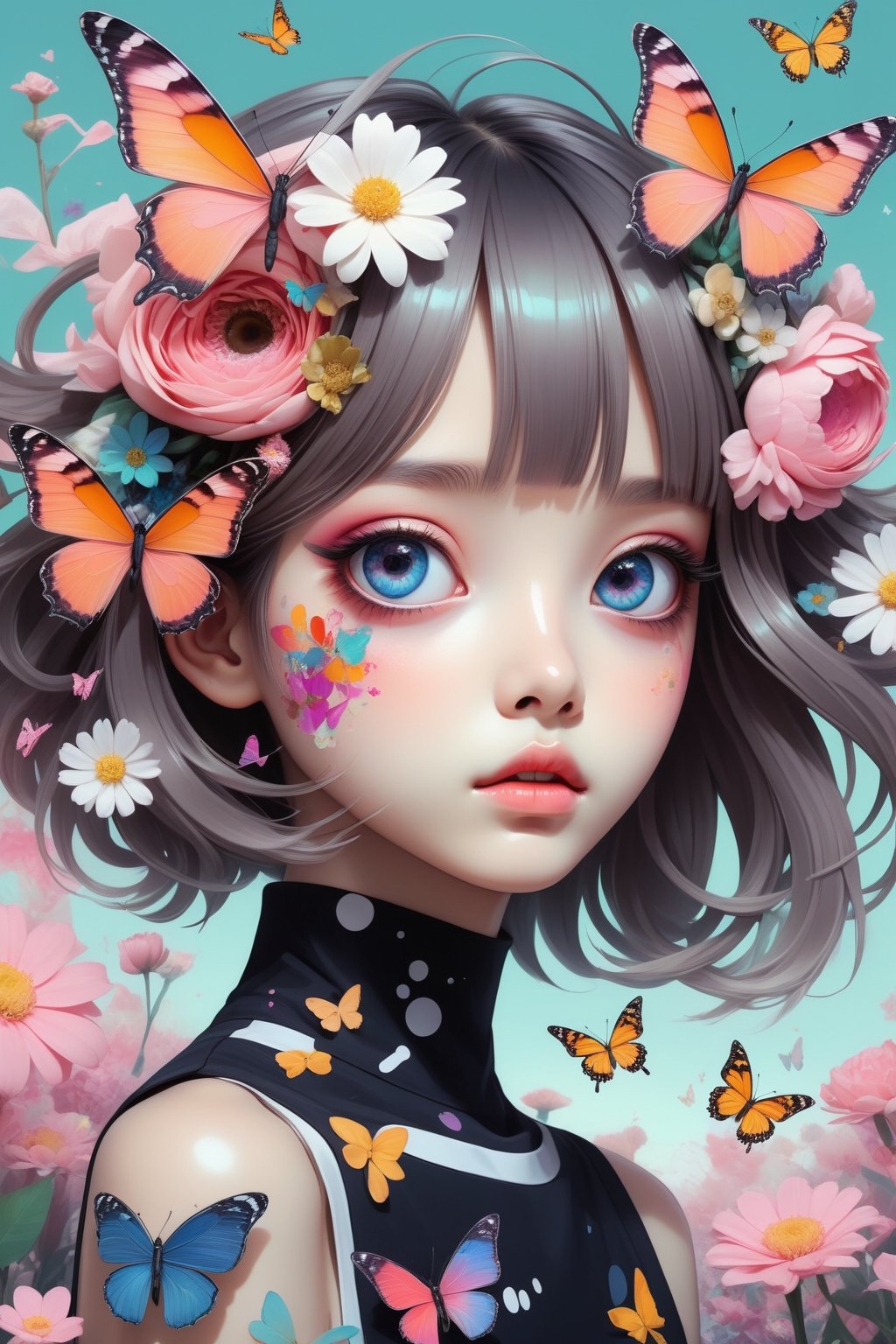 (masterpiece:1.1),(highest quality:1.1),(HDR:1),ambient light,ultra-high quality,( ultra detailed original illustration),(1girl, upper body),((harajuku fashion)),((flowers with human eyes, flower eyes)),double exposure,fusion of fluid abstract art,glitch,(original illustration composition),(fusion of limited color, maximalism artstyle, geometric artstyle, butterflies, junk art), (beautiful, cute, innocent, blush), more detail XL