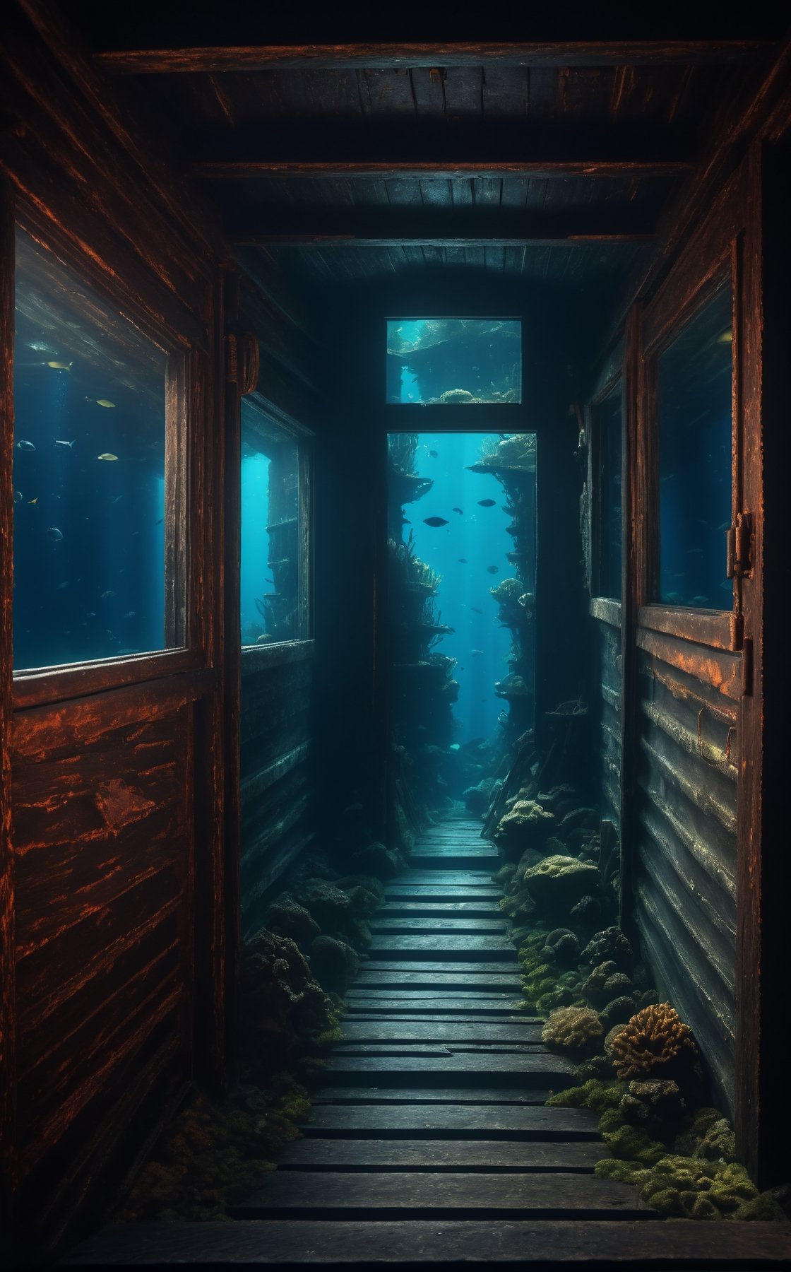 the abandoned cabin in bottom of the sea, spooky deep sea, spooky around, masterpiece, ultra high quality, ultra high resolution, ultra realistic, coral, ultra reflection, detailed background, low key, dark tone, 8k
