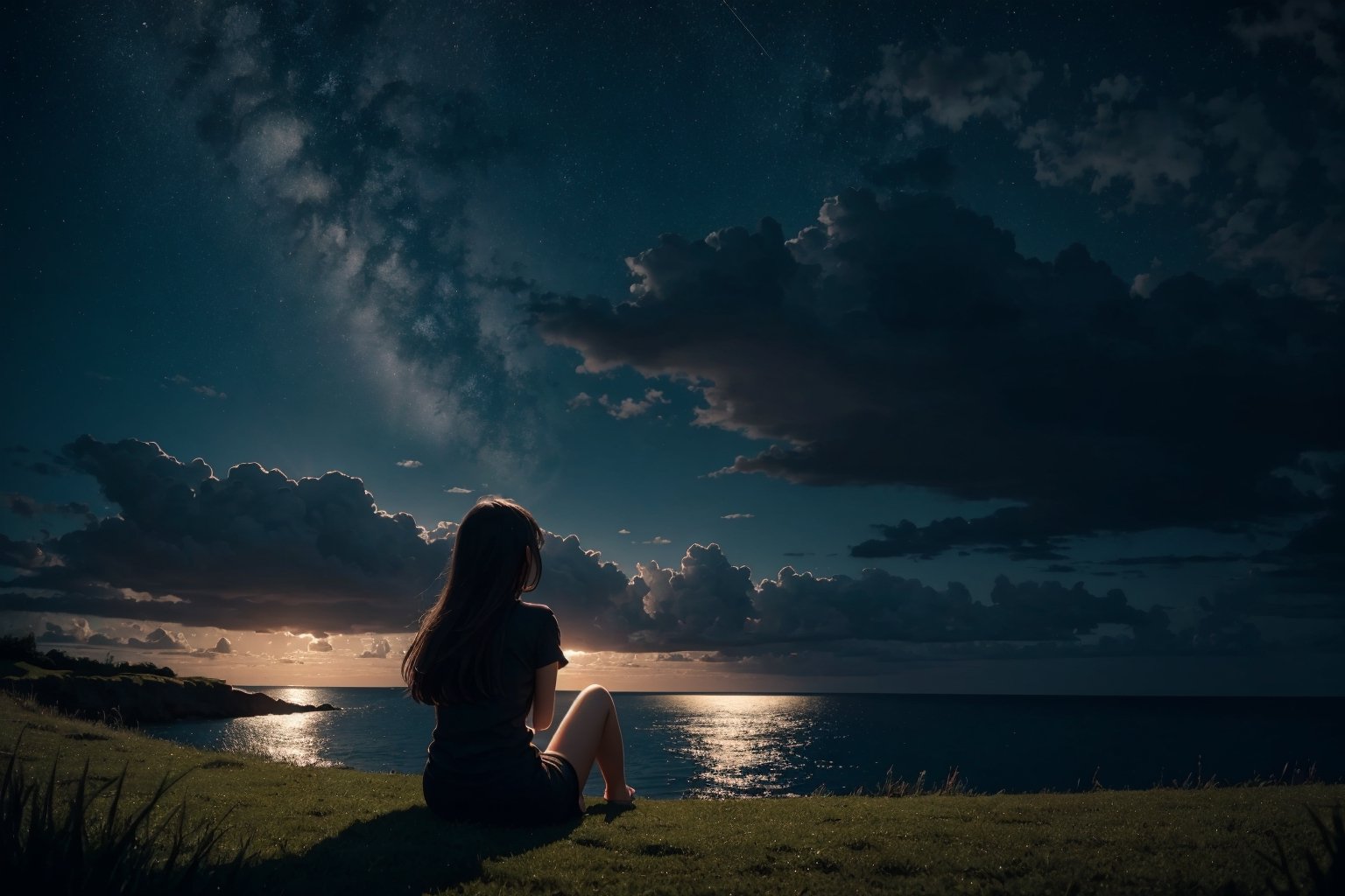 Masterpiece, ultra high res, ultra high quality, a girl sitting at grass around the sea, feet out of frame, full body, from behind, sky background, beautiful cloud, night, ultra detailed, dramatic lighting, ultra realistic, ultra detailed, aesthetic, 8k