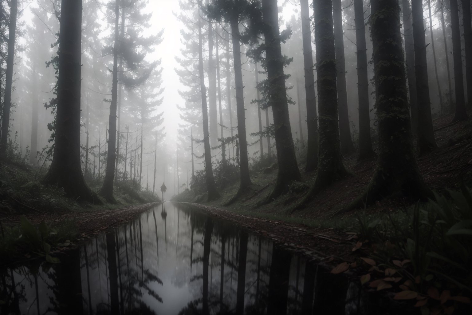 Masterpiece, ultra high res, ultra high quality, from below, a girl lie down at quiet road around the forest, rainy day, fog, ultra detailed, dramatic lighting, ultra realistic, ultra reflection, ultra detailed, aesthetic, low key, dark tone, 8k