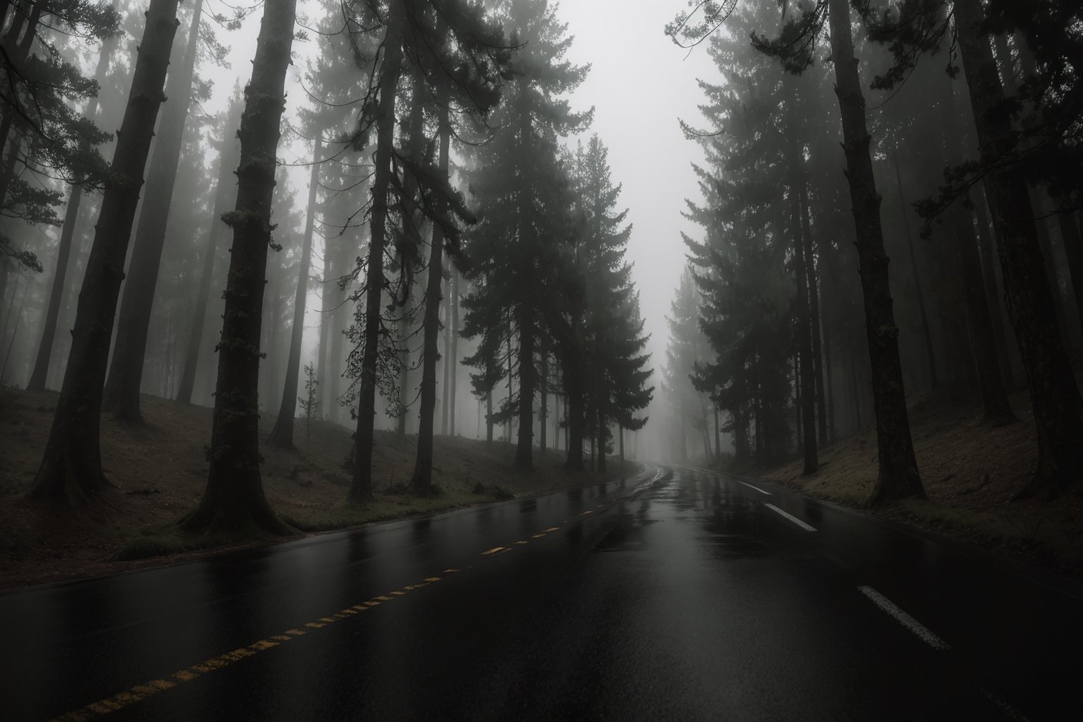 Masterpiece, ultra high res, ultra high quality, from below, a quiet road around the forest, rainy day, fog, ultra detailed, dramatic lighting, ultra realistic, ultra detailed, aesthetic, low key, dark tone, 8k