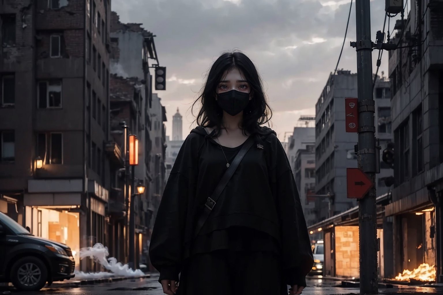 A raw photo of girl, masterpiece, ultra high res, ultra high quality, detailed face, detailed eyes, soft light, 1girl, (black and white photo), (a girl standing at ruins city after war. Smoke. Dark background). (Upper body), (black hair:1.3), (long hair. Wearing bandit mask. Terroris mask. Robbery mask), (Crying. Tears. Sadness), (hooded Pants), (focus on viewer. Front view. From below), dark shoot, muted color, low key, dark tone, ultra high quality, ultra high resolution, detailed background, 8k,More Detail