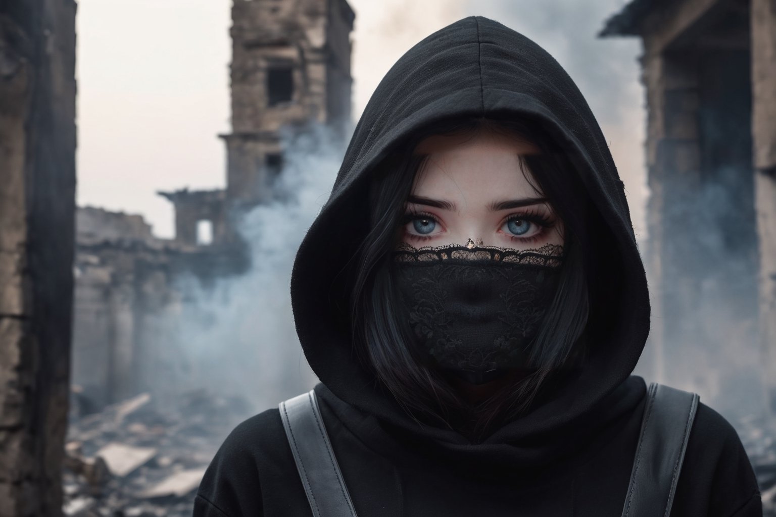A raw photo of girl, masterpiece, ultra high res, ultra high quality, detailed face, detailed eyes, soft light, 1girl, (black and white photo), (a girl standing at ruins city after war. Smoke. Dark background). (Close up), (black hair:1.3), (long hair. Wearing bandit mask. Terroris mask. Robbery mask), (Crying. Tears. Sadness), (hooded Pants), (focus on viewer. Front view. From below), dark shoot, muted color, low key, dark tone, ultra high quality, ultra high resolution, detailed background, 8k,More Detail