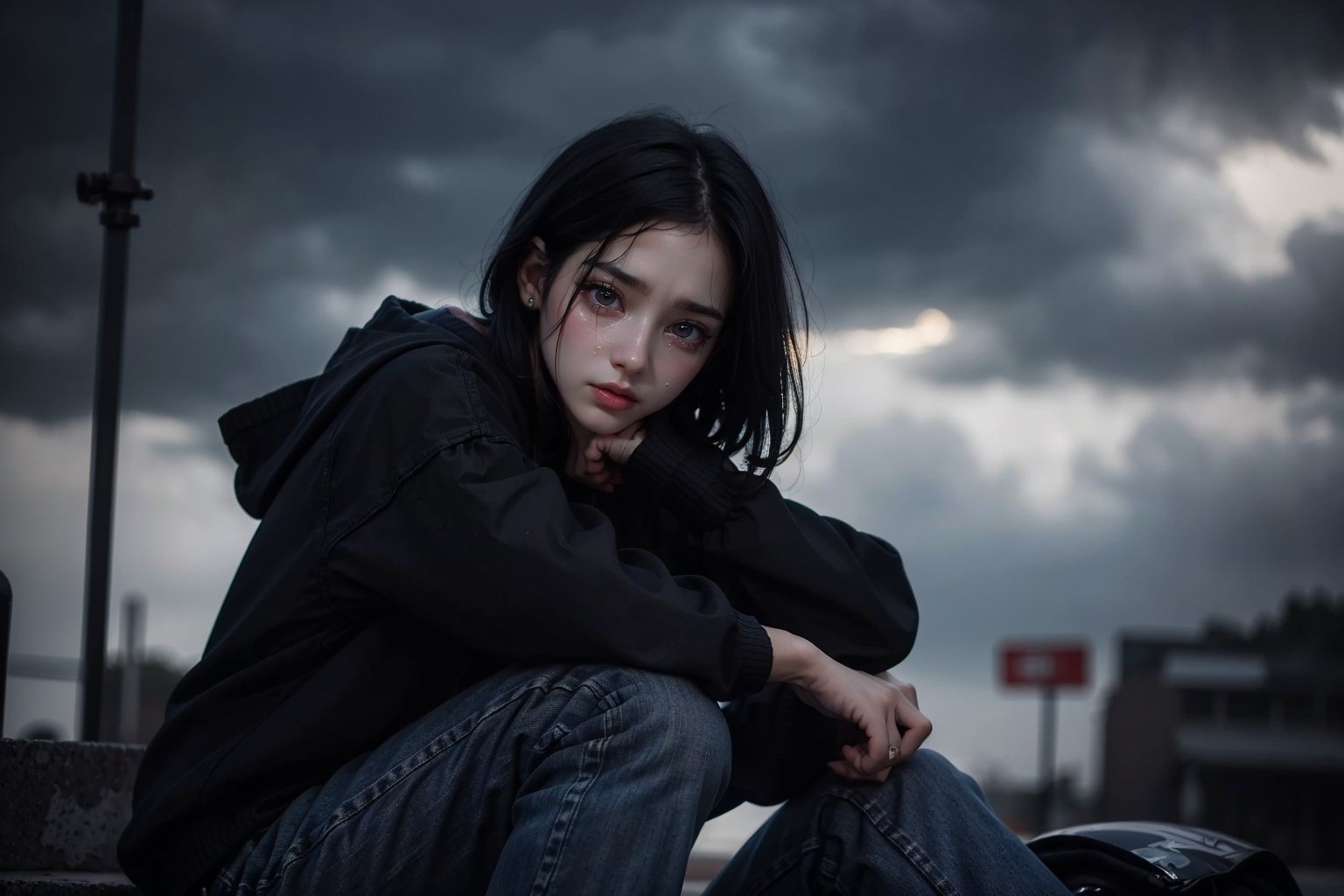 A raw photo of girl, masterpiece, ultra high res, ultra high quality, detailed face, detailed eyes, soft light, 1girl, (a girl sitting alone beside street. Dark clouds). (close up), (face focus), (up close), (black hair:1.3), (short hair. In ear hair), (Beautiful face. Crying. Tears. Sadness), (hoodie. Jeans), (focus on viewer. Front view. From below), dark shoot, muted color, low key, dark tone, ultra high quality, ultra high resolution, detailed background, 8k