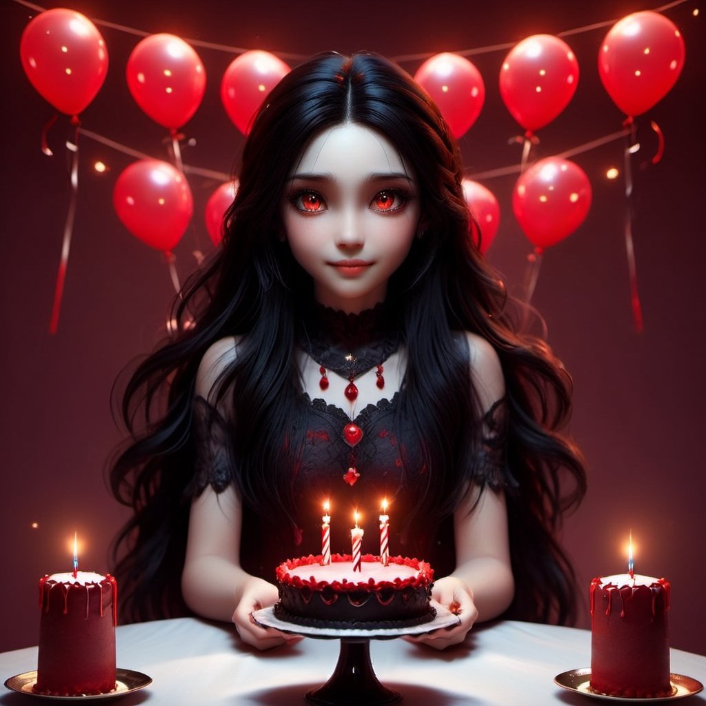 Masterpiece, best quality, ultra high res, ultra detailed, detailed face, detailed eyes, dark fantasy art, ((horror and dramatic)), 14 years old girl, upper body, beautiful girl, cute, (pale skin), long black hair, in ear hair, smile, (red big birthday cake at table), (holding a big black sign with (("HAPPY BIRTHDAY)). ((DAYAT")), text logo, black, red, glowing, glow:1.3, with her hands, (red glowing eyes), sitting at night castle, focus on viewer, front view, Movie Still, upper body, monster,Text logo
