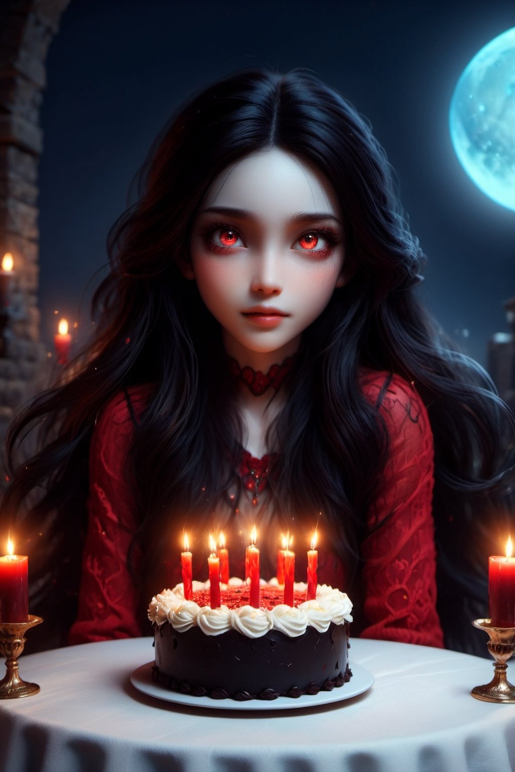 Masterpiece, best quality, ultra high res, ultra detailed, detailed face, detailed eyes, dark fantasy art, horror and dramatic, 14 years old girl, upper body, beautiful girl, cute, pale skin, long black hair, in ear hair, smile, (red big birthday cake at table), (holding a big black sign with (("DAYAT")), text logo, black, red, glowing, glow:1.3, with her hands, red glowing eyes, sitting at night castle, focus on viewer, front view, Movie Still, upper body, monster, text logo 
