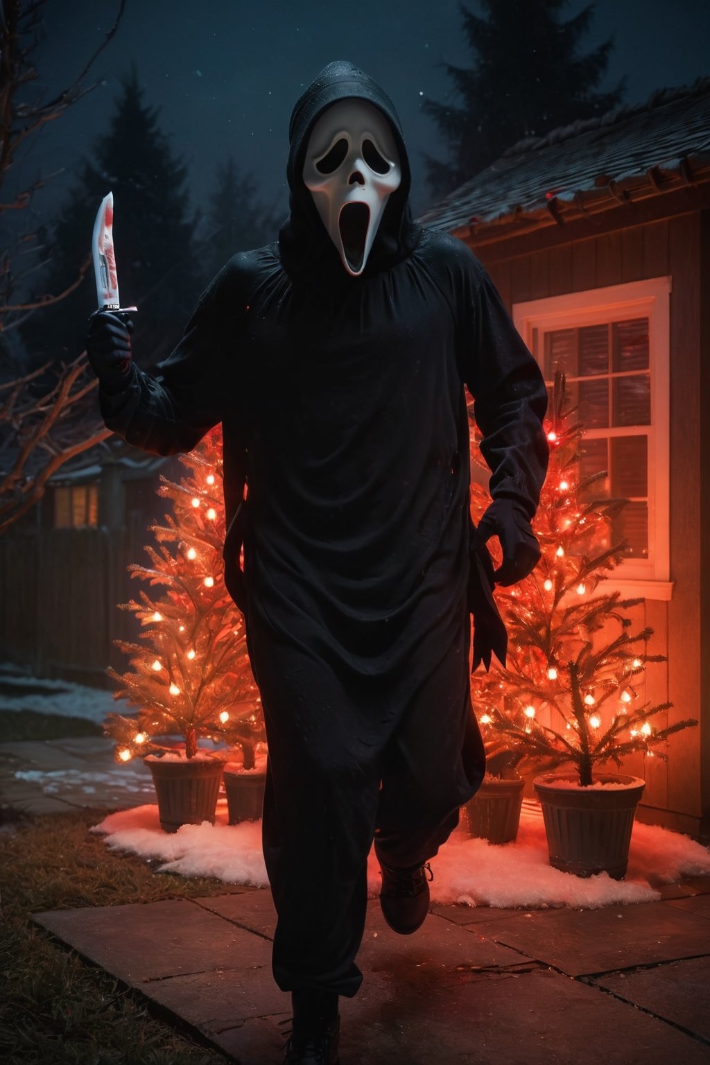 A girl running out to viewer at house, Christmas tree, Christmas decoration, ghost face mask, ghost face costume, (full body:1.3), Christmas hat, holding an knife, red lights, focus on viewer, front view, masterpiece, ultra high quality, ultra high resolution, detailed background, muted color, luts, low key, dark tone,ghostface mask,HellAI