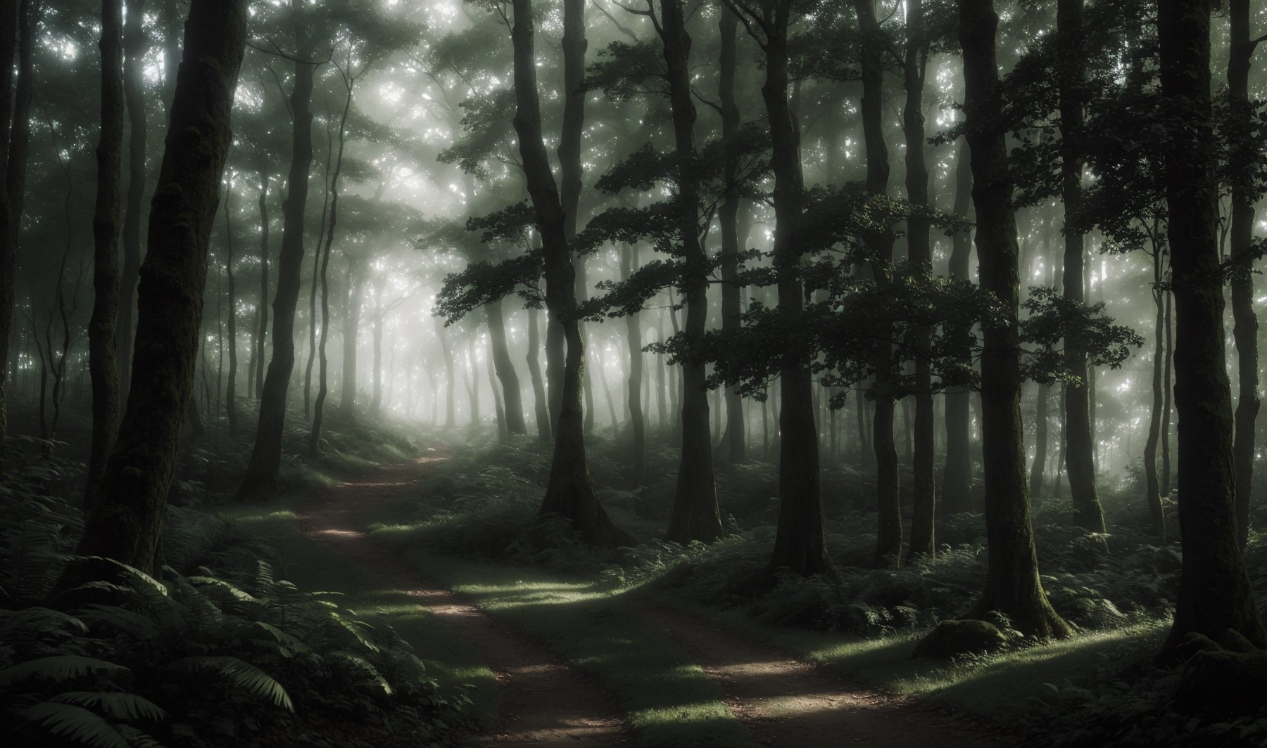 Masterpiece, ultra high res, ultra high quality, a quiet forest, pathway, green ambient color, fog, ultra detailed, dramatic lighting, ultra realistic, ultra detailed, aesthetic, low key, dark tone, 8k