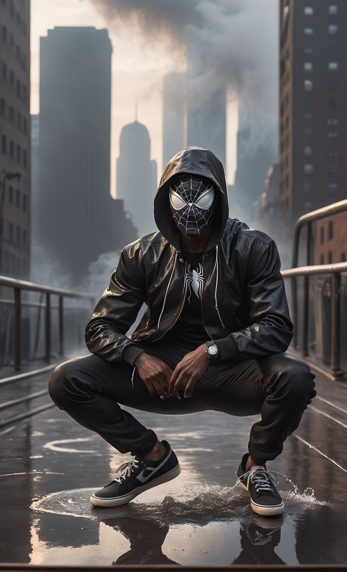 A guy squat at rooftop, black jacket, black spiderman, boat shoes, wet clothes, full body, wet floor, smoke, city landscape background, front view, focus on viewer, photo real, ultra detailed, masterpiece, ultra high quality, ultra high resolution, ultra realistic, ultra reflection, ultra lighting, detailed background, dramatic lighting, low key, dark tone, 8K,HellAI
