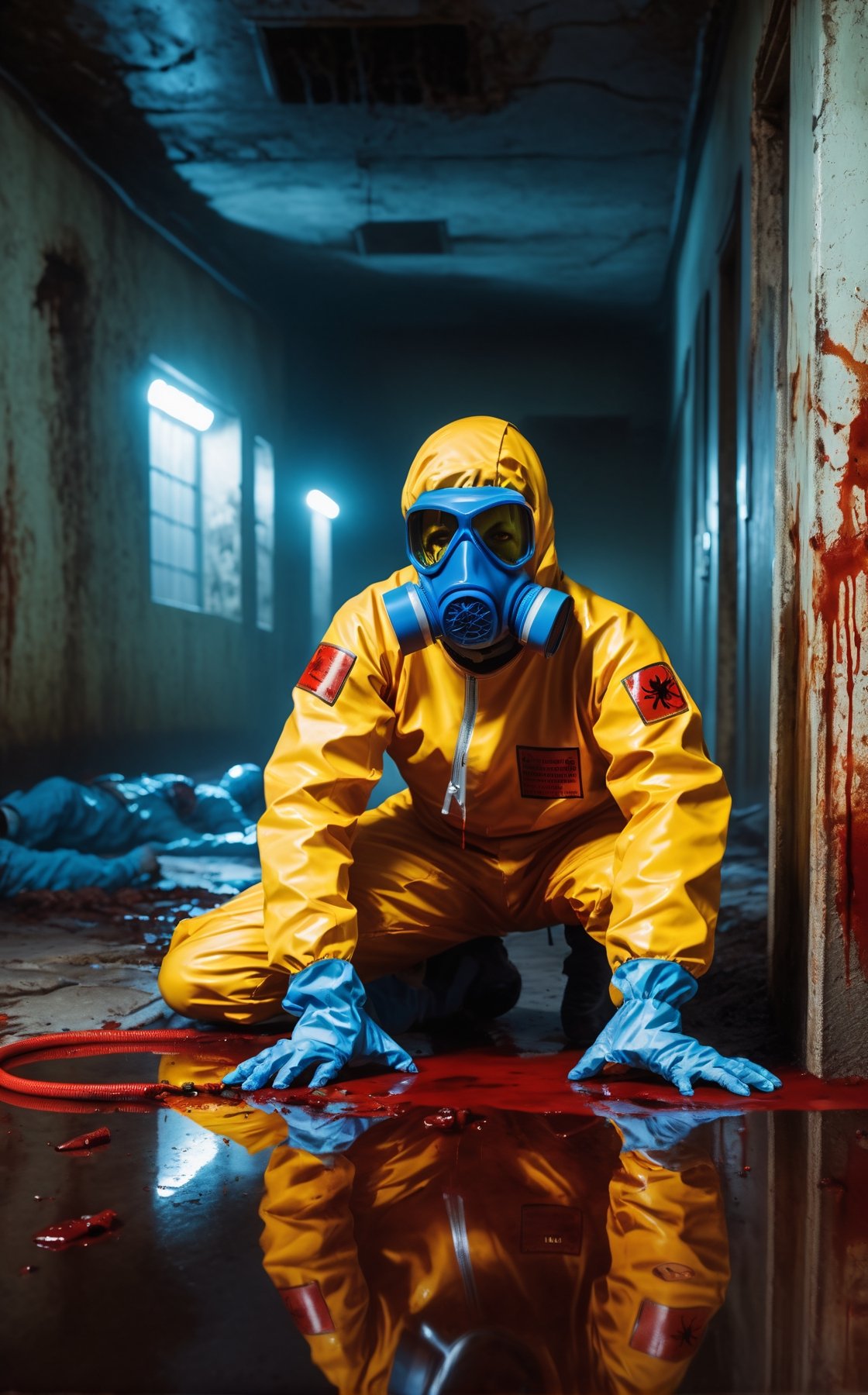 A guy lying down at ruins quarantine base, hazmat suit, full body, bloody outfit, bloods at floor and wall, zombies behind, spooky around, biohazard ☣️, masterpiece, ultra high quality, ultra high resolution, ultra realistic, ultra reflection, high lighting, detailed background, dramatic lighting, 16k