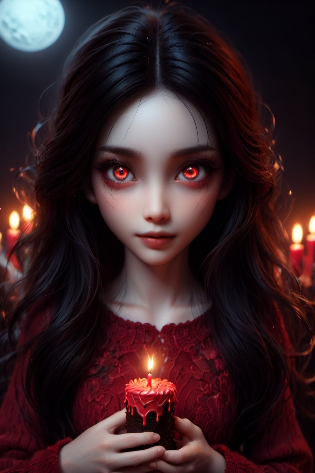 Masterpiece, best quality, ultra high res, ultra detailed, detailed face, detailed eyes, dark fantasy art, horror and dramatic, 14 years old girl, upper body, beautiful girl, cute, pale skin, long black hair, in ear hair, smile, (red big birthday cake at table), (holding a big black sign with (("DAYAT")), text logo, black, red, glowing, glow:1.3, with her hands, red glowing eyes, standing at night castle, focus on viewer, front view, Movie Still, upper body, monster, text logo 