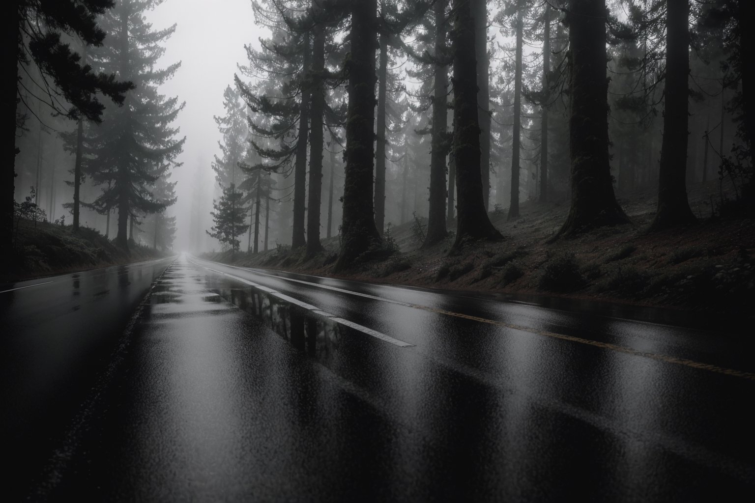 Masterpiece, ultra high res, ultra high quality, from below, a quiet road around the forest, rainy day, fog, wet road, ultra detailed, dramatic lighting, ultra realistic, ultra reflection, ultra detailed, aesthetic, low key, dark tone, 8k