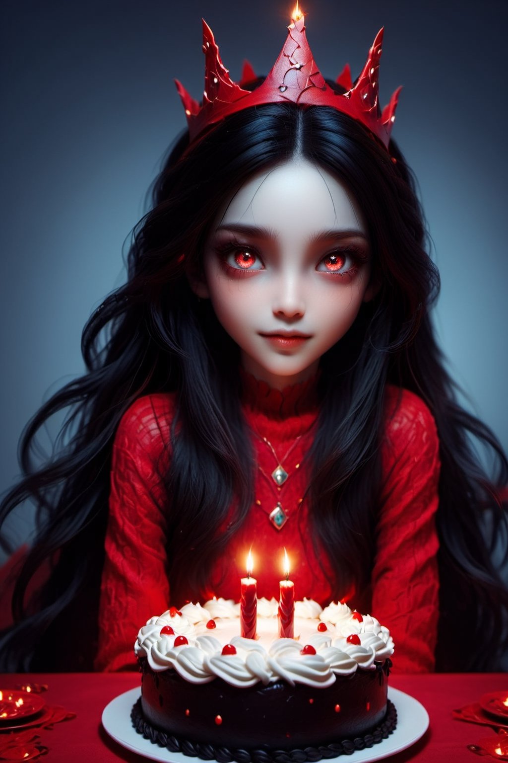 Masterpiece, best quality, ultra high res, ultra detailed, detailed face, detailed eyes, dark fantasy art, ((horror and dramatic)), 14 years old girl, upper body, beautiful girl, cute, (pale skin), long black hair, in ear hair, smile, (red big birthday cake at table), (holding a big black sign with (("DAYAT")), text logo, black, red, glowing, glow:1.3, with her hands, (red glowing eyes), sitting at night castle, focus on viewer, front view, Movie Still, upper body, monster,Text logo