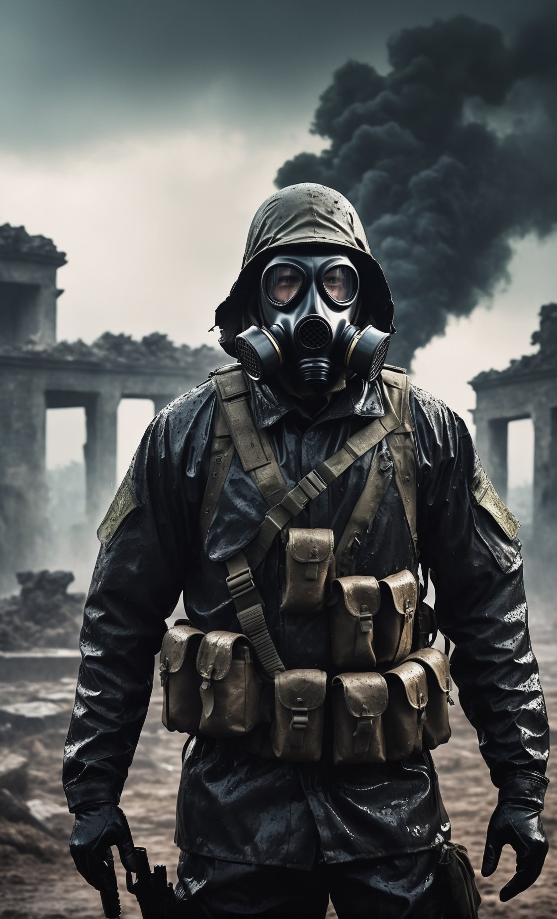 A guy standing at battlefield arena, outdoor, ruins city, upper body, military uniform, gasmask, dirty outfit, wet clothes, dark smoke, rain, wet ground, particles, front view, focus on viewer, landscape background, photo real, ultra detailed, masterpiece, ultra high quality, ultra high resolution, ultra realistic, ultra reflection, ultra lighting, detailed background, dramatic lighting, low key, dark tone, 4K