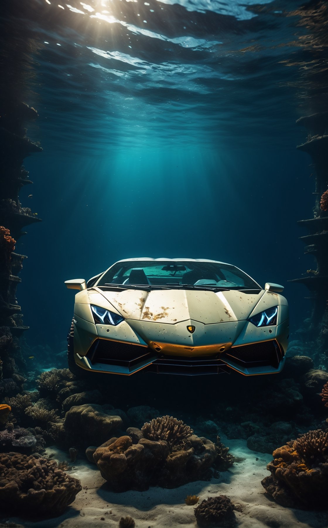 the abandoned Lamborghini sank to the bottom of the sea, no water surface, broken car, spooky deep sea, spooky around, masterpiece, ultra high quality, ultra high resolution, ultra realistic, coral, ultra reflection, detailed background, dark background, shark back, low key, dark tone, 8k