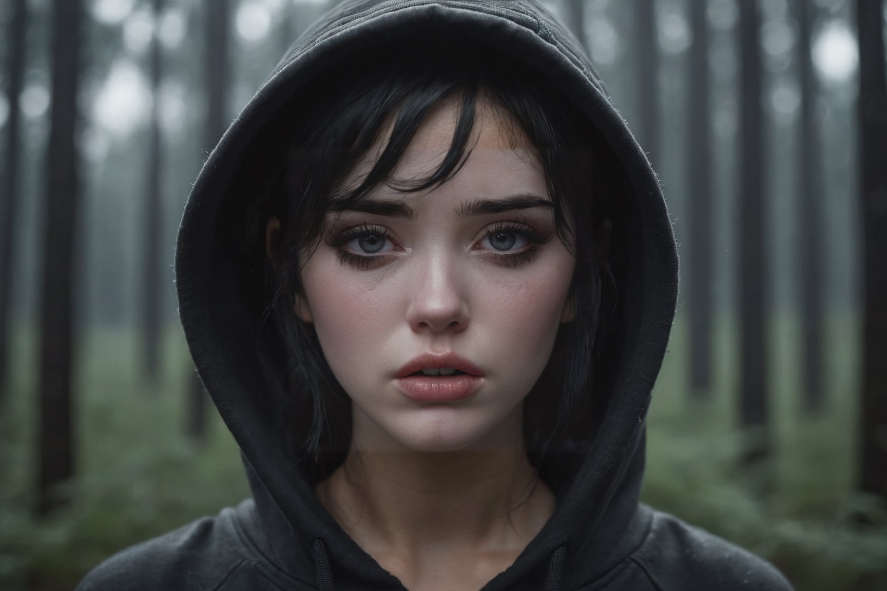 A raw photo of girl, masterpiece, ultra high res, ultra high quality, detailed face, detailed eyes, soft light, 1girl, (black and white photo), (a girl standing alone at forest. Dark clouds. Storm). (close up), (face focus), (up close), (black hair:1.3), (short hair. In ear hair), (Beautiful face. Crying. Tears. Sadness), (hoodie), (focus on viewer. Front view. From below), dark shoot, muted color, low key, dark tone, ultra high quality, ultra high resolution, detailed background, 8k